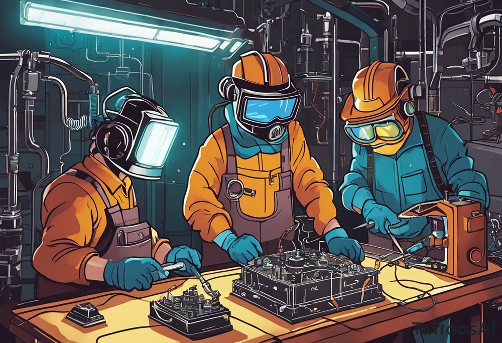 Two 60-year-old characters working together on creating a big mechanism made of iron, gems and electronic circuits. The first character is a welder, dressed in a welding suit and mask. The second character is a fitter, wearing a shirt with sleeves rolled up to the forearms and a tool belt. has no hat. The mechanism they are working on should be in the center of the drawing, should look like a human heart and to be 1\5 of the whole immage.  Characters positioned on either side of the mechanism. tattoo idea