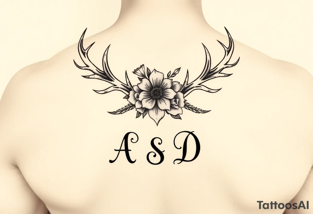 Deer antlers with flower and initials A, S, D tattoo idea