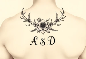 Deer antlers with flower and initials A, S, D tattoo idea