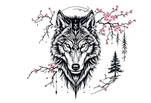 evergreen forest with sakura trees and wolf tattoo idea