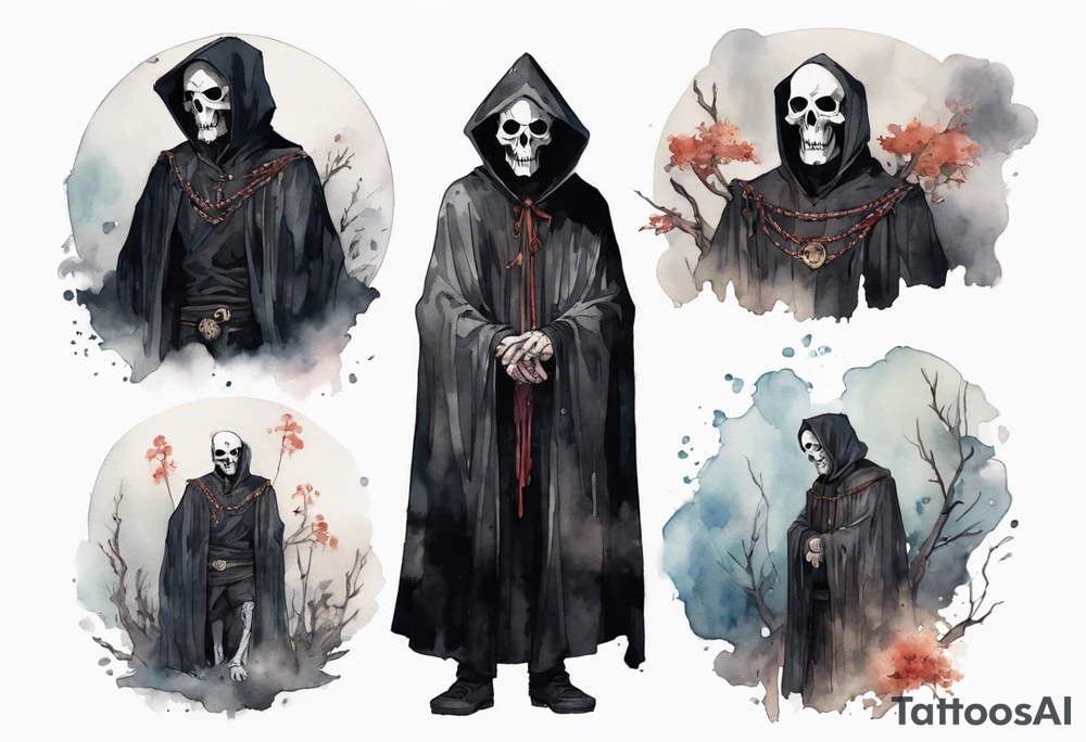 a thin medieval man in a black cloak wearing a skull mask, standing in a gloomy place tattoo idea