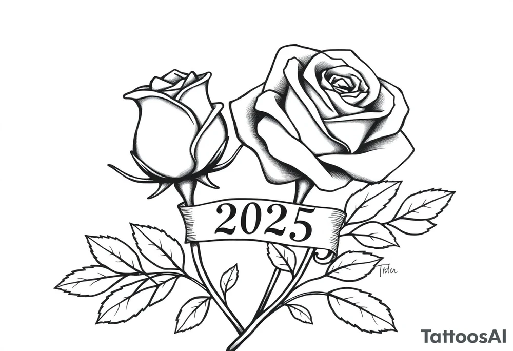 two beautiful large rose buds, one larger than the other, with many leaves next to the rose buds, with one sitting higher than the other. Include a banner connecting the two roses with the year 2025 on it.   Use dark outlines with little shading. The two stems should be short, not long, and connect and join into one stem, whimsically curved or twisted - not straight down. tattoo idea