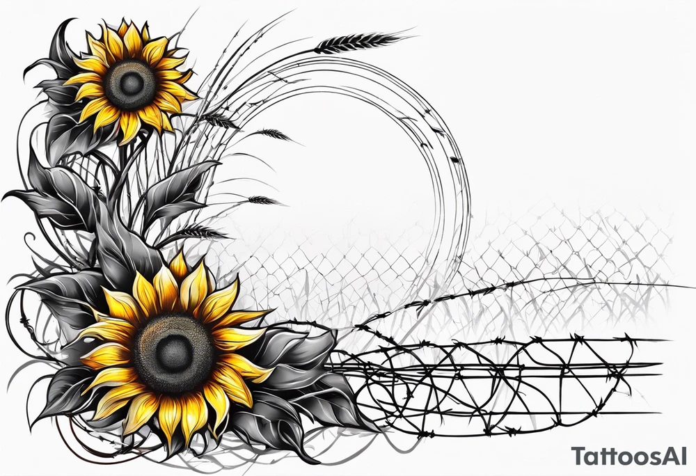 Sunflower, wheat, and barbed wire half sleeve tattoo idea