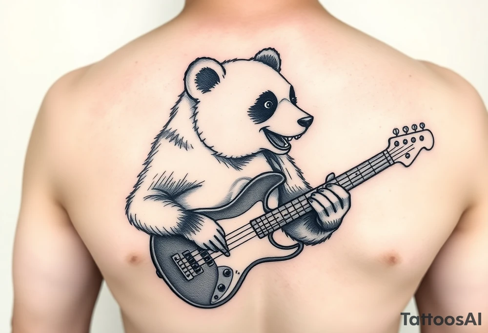 Bass guitar playing panda bear with septum ring tattoo idea