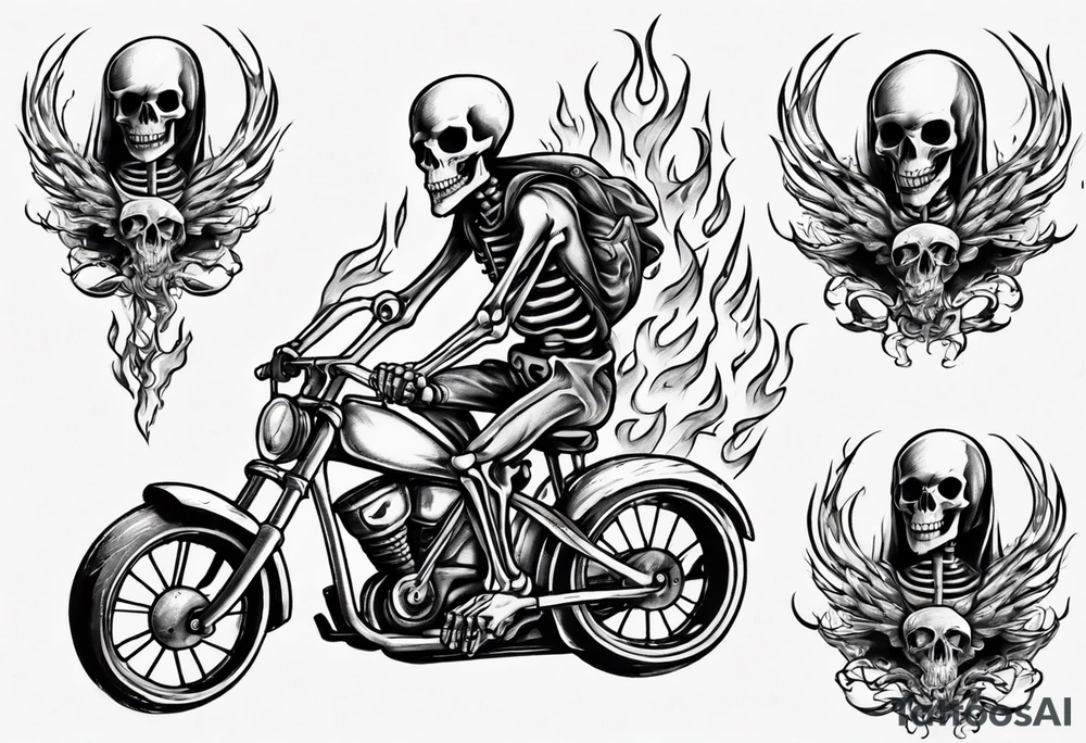 Skeleton riding a bike with flames tattoo idea