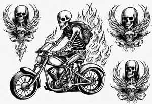 Skeleton riding a bike with flames tattoo idea