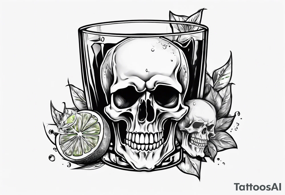A smiling looking to the left scull inside the glass with alcohol and piece of lime tattoo idea