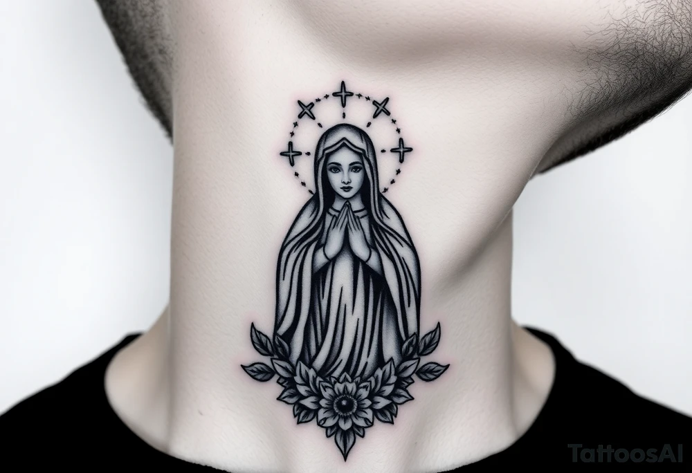 russian christian virgin mary neck design front facing tattoo idea