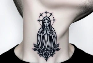 russian christian virgin mary neck design front facing tattoo idea