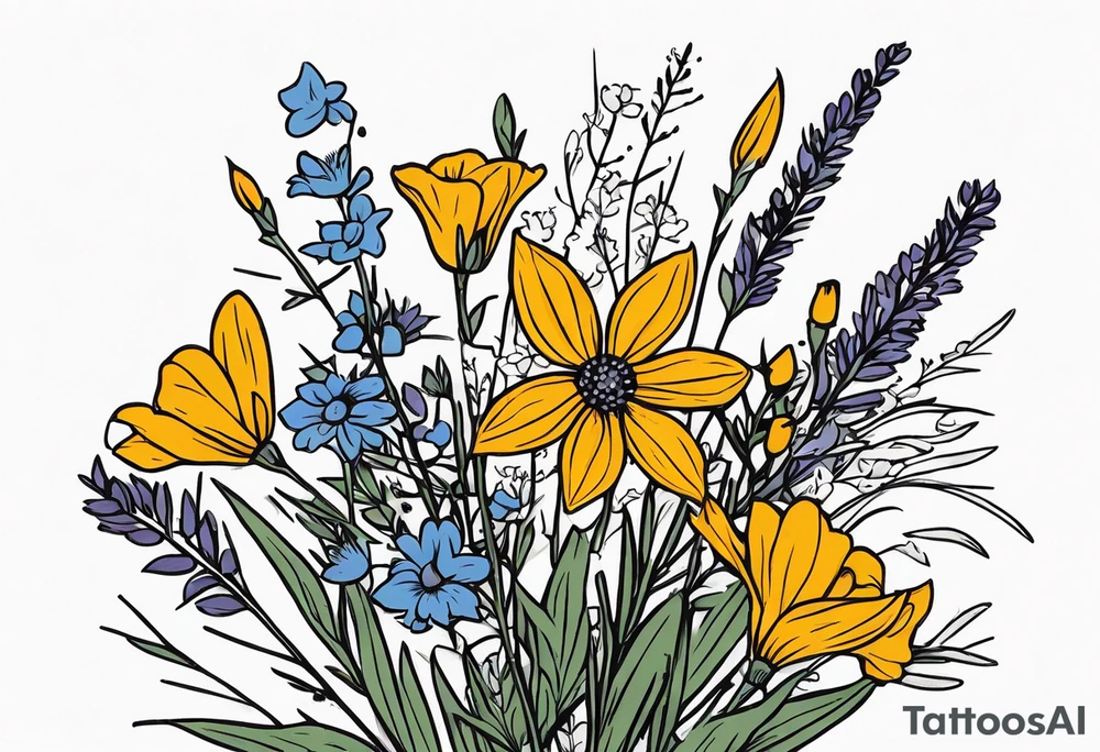 Bouquet of wildflowers tied to a broom handle tattoo idea