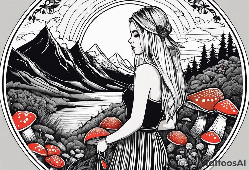 Straight blonde hair girl holding mushrooms in hand facing away toward mountains surrounded by mushrooms circular design black and white striped dress tattoo idea