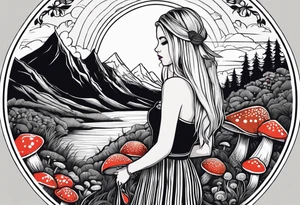 Straight blonde hair girl holding mushrooms in hand facing away toward mountains surrounded by mushrooms circular design black and white striped dress tattoo idea