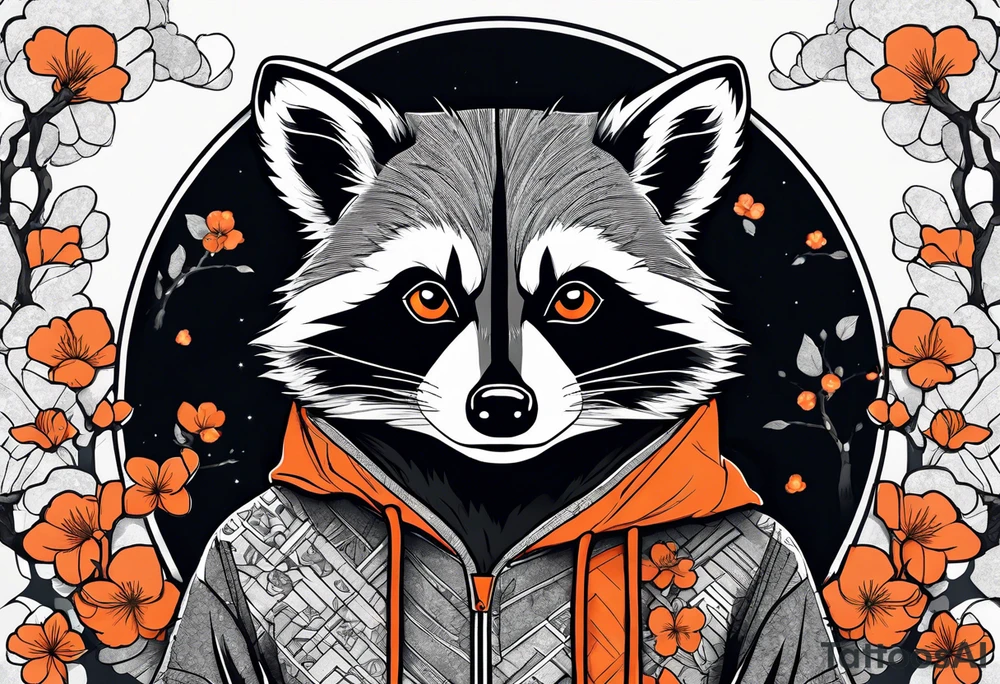 raccoon wearing a Superman hoodie with orange Japanese cherry blossoms tattoo idea