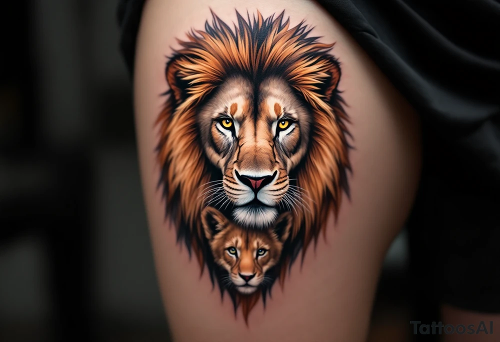 A lion and cub in sepia tones, symbolizing protection and legacy, with son´s name Richard. tattoo idea