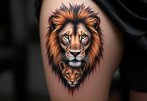 A lion and cub in sepia tones, symbolizing protection and legacy, with son´s name Richard. tattoo idea