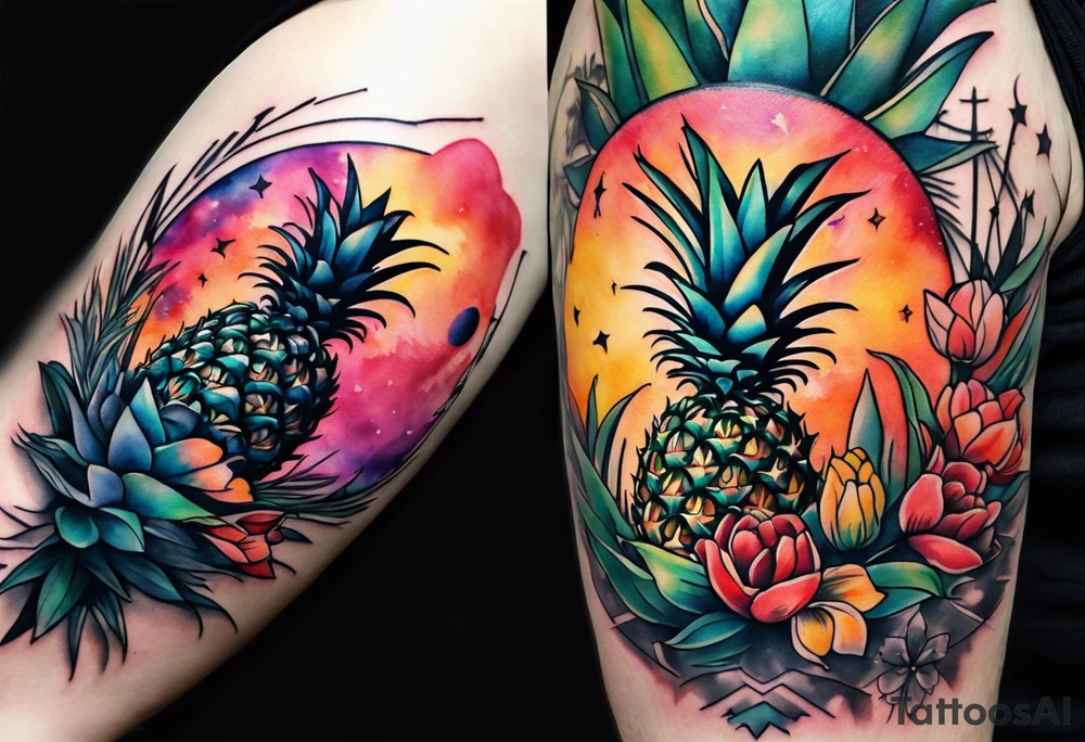 Watercolour style arm tattoo with pineapples and tulips under Amsterdam canal in space featuring wildlife, stag deer and pineapples tattoo idea