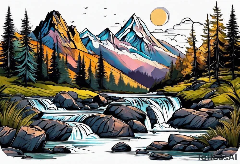 Full sleeve, mountains, river, and waterfall tattoo idea