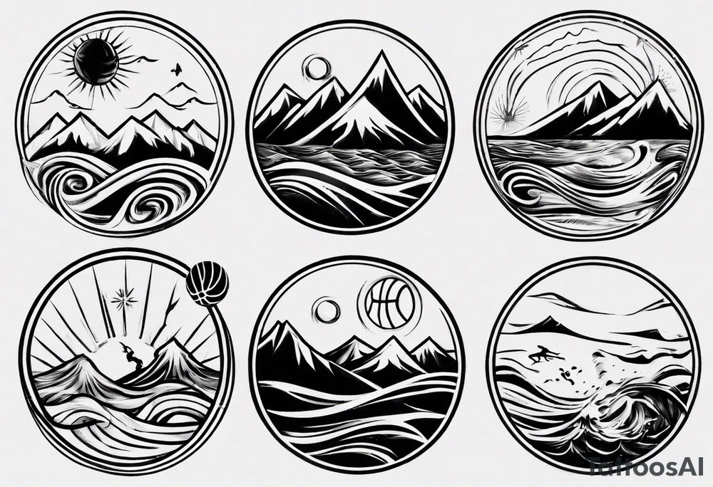 basketball, waves, mountains, sun tattoo idea