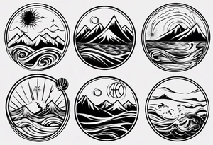 basketball, waves, mountains, sun tattoo idea