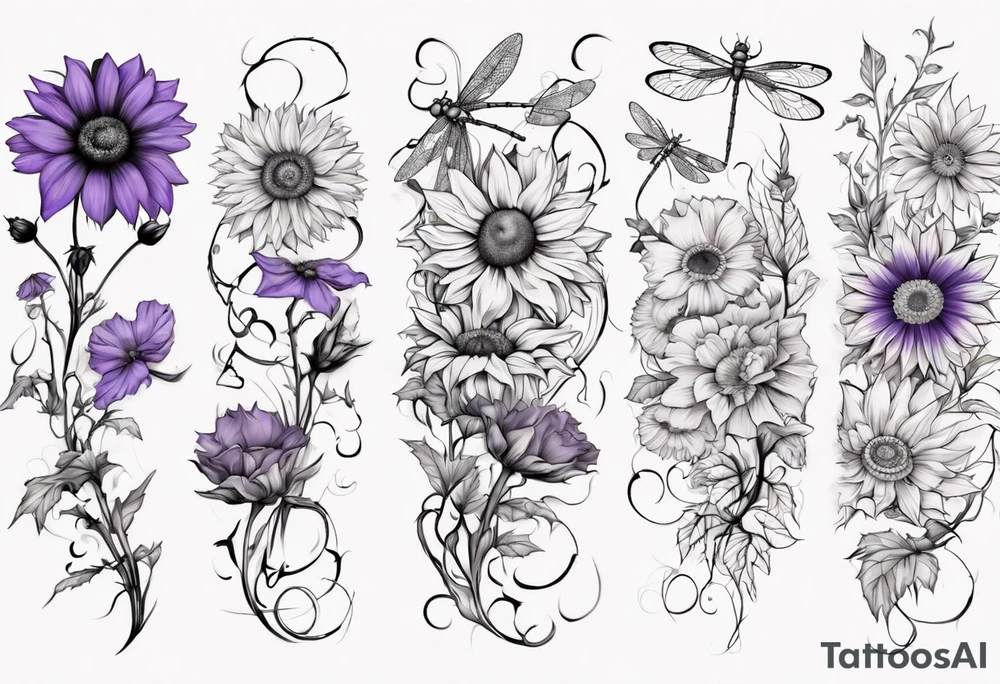 Arm sleeve, sunflowers, dragonflies, three cosmos flower, one violet, one carnation, vines and leaves tattoo idea