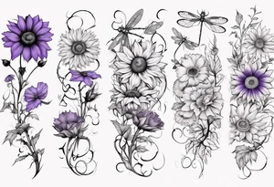 Arm sleeve, sunflowers, dragonflies, three cosmos flower, one violet, one carnation, vines and leaves tattoo idea