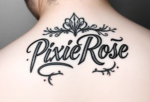 "PixieRose" in a gangsters Chicano calligraphy style font 
Tattoo idea above a man's eyebrow tattoo idea