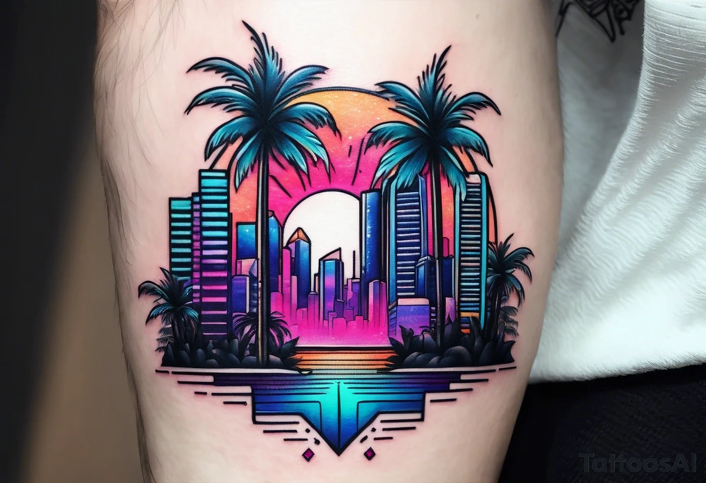 synthwave tattoo with palm trees and skyscrapers tattoo idea