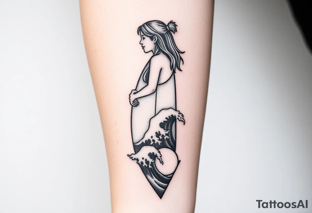 New school geometrical concept tattoo with the girl holding surfboard in a vertical position her face is turned 60 degrees to out side, the bottom part of a body is showed, on the right side of a tattoo is the realistic wave closed in a frame. And the bottom of a taro is a palenesiab sun. Link the objects based on new school geometry tattoos. tattoo idea
