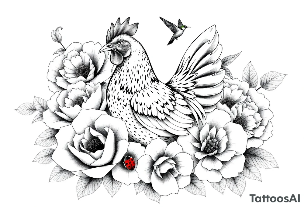A chicken surrounded by peony , roses and hydrangeas with ladybug on flowers petal with hummingbird tattoo idea