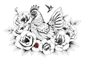 A chicken surrounded by peony , roses and hydrangeas with ladybug on flowers petal with hummingbird tattoo idea