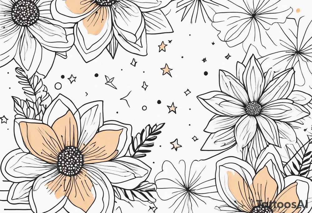 fine line with stars, floral, dots tattoo idea