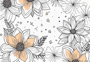 fine line with stars, floral, dots tattoo idea