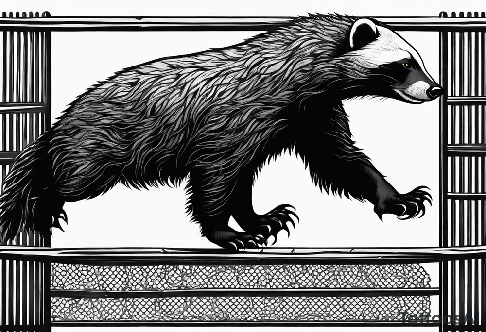 honey badger climbing-over, claws near face, behind, on its back legs, looking over fence tattoo idea