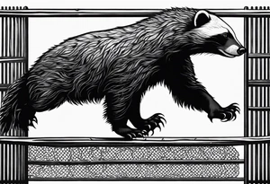 honey badger climbing-over, claws near face, behind, on its back legs, looking over fence tattoo idea