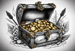 idea of adding Lucky stats to this tattoo. using 3 arrows to representing Luck, arrows stick on to a opened treasure box with gold and coins spreading everywhere. show SKINBUFF on the tattoo. tattoo idea