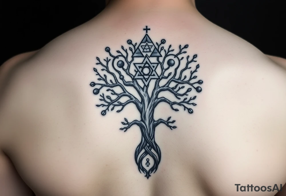 geometrical mystical tree of life with the star of David and cross cosmic roots and celestial symbols branches with HIV-positive symbol at bottom tattoo idea