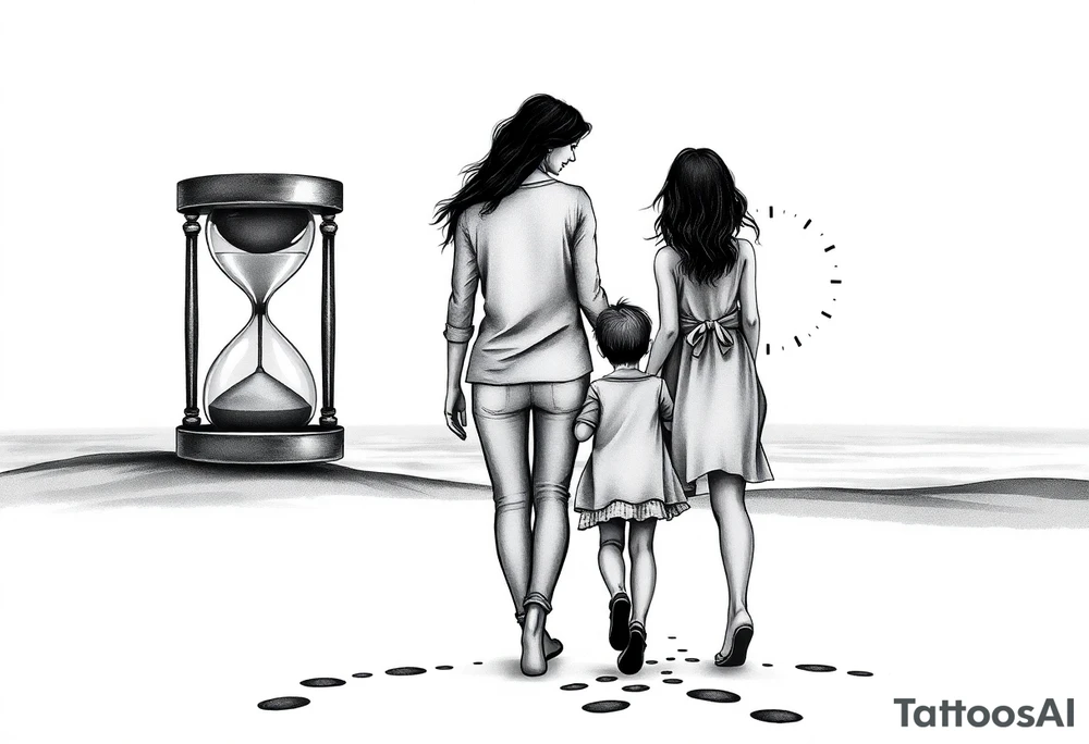 My girlfriend and I with our two children, a slightly older boy and a little girl walking with her back towards the horizon.

2. Hourglass:

Integrate an hourglass into the tattoo

The sand could flow, forming footprints or memories.

Place an old clock in the background or integrated into the hourglass tattoo idea