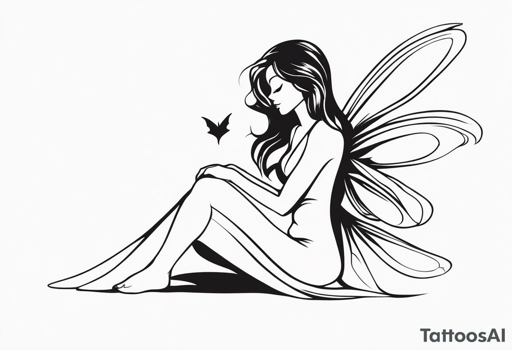 Minimalistic, monochromatic fairy with a tail flying to the left in a fetal position, leaning and looking in the same direction, with visible hands, embodying the 'Fairy Tail' logo aesthetic. tattoo idea