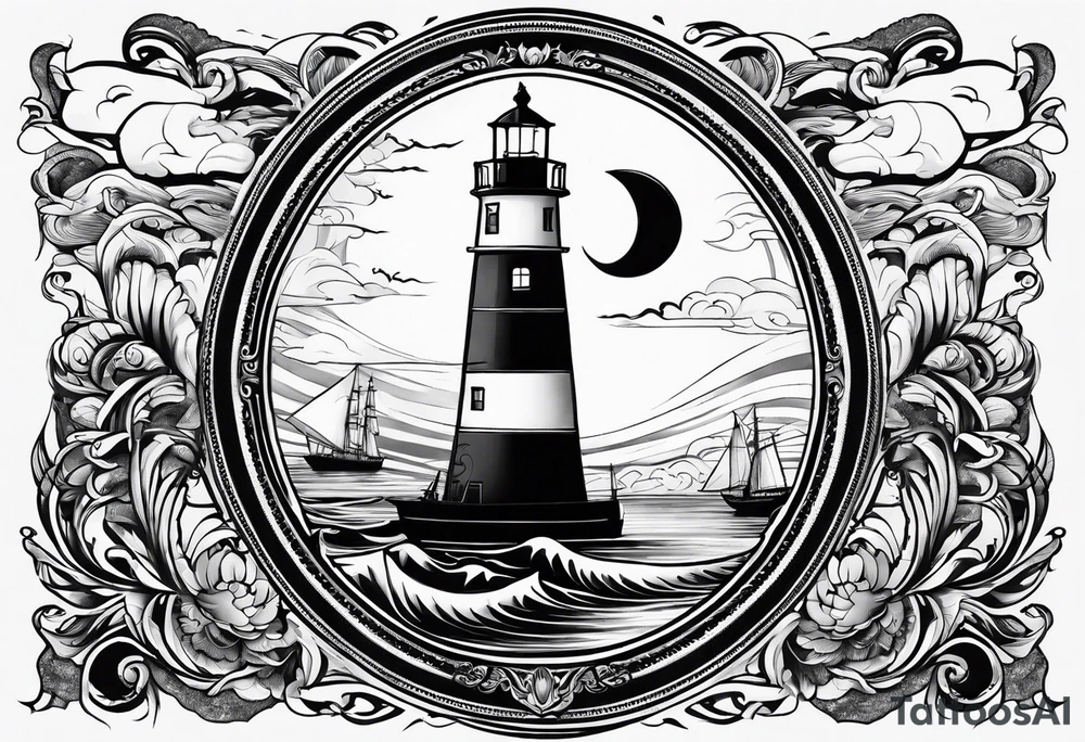 phoenix survolant un voilier. lune. phare marin tattoo idea