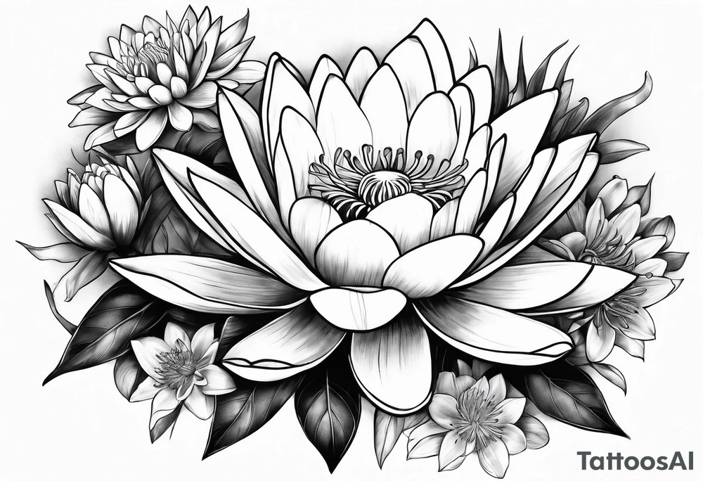 Water lily and larkspur bouquet tattoo idea