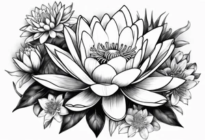 Water lily and larkspur bouquet tattoo idea
