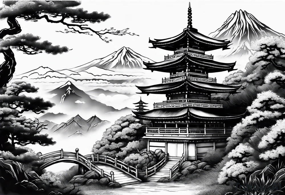 Japanese pagoda guarded by a japanese dragon, black and white colours tattoo idea