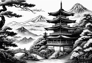 Japanese pagoda guarded by a japanese dragon, black and white colours tattoo idea