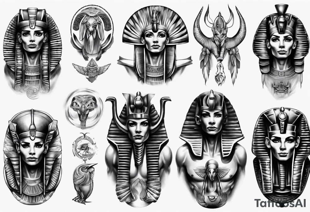 Egyptian gods theme full sleeve realistic tattoo idea