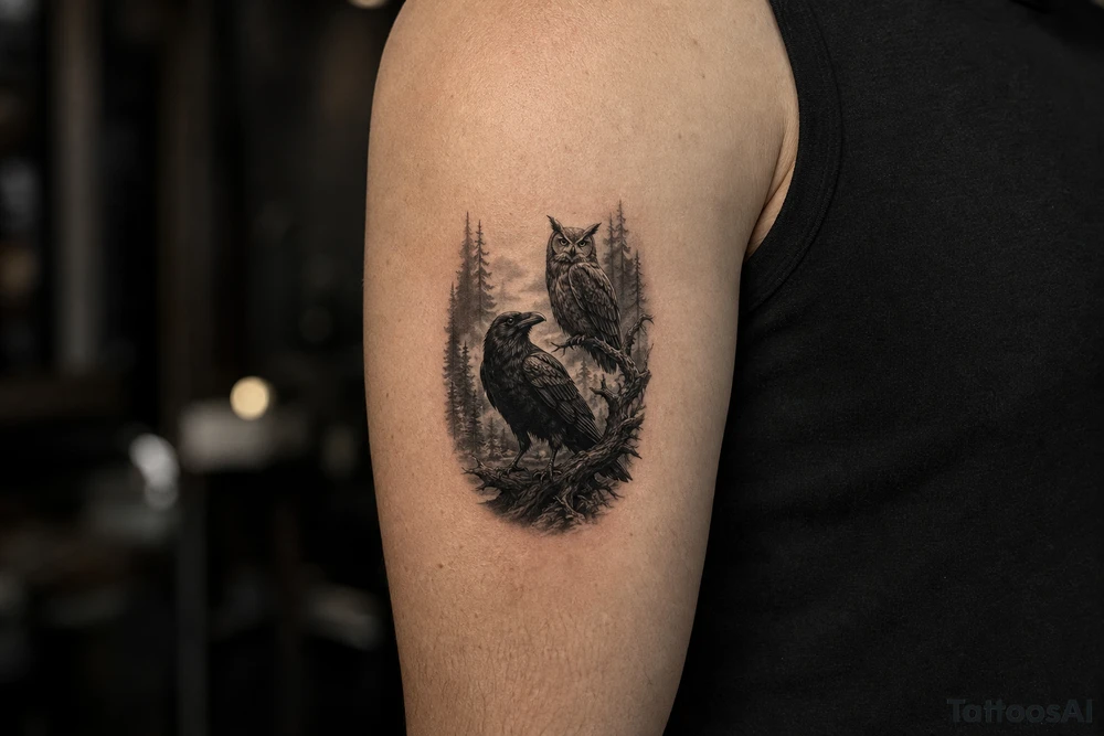 Detailed raven and owl in a dense, foggy forest, photorealistic style. tattoo idea