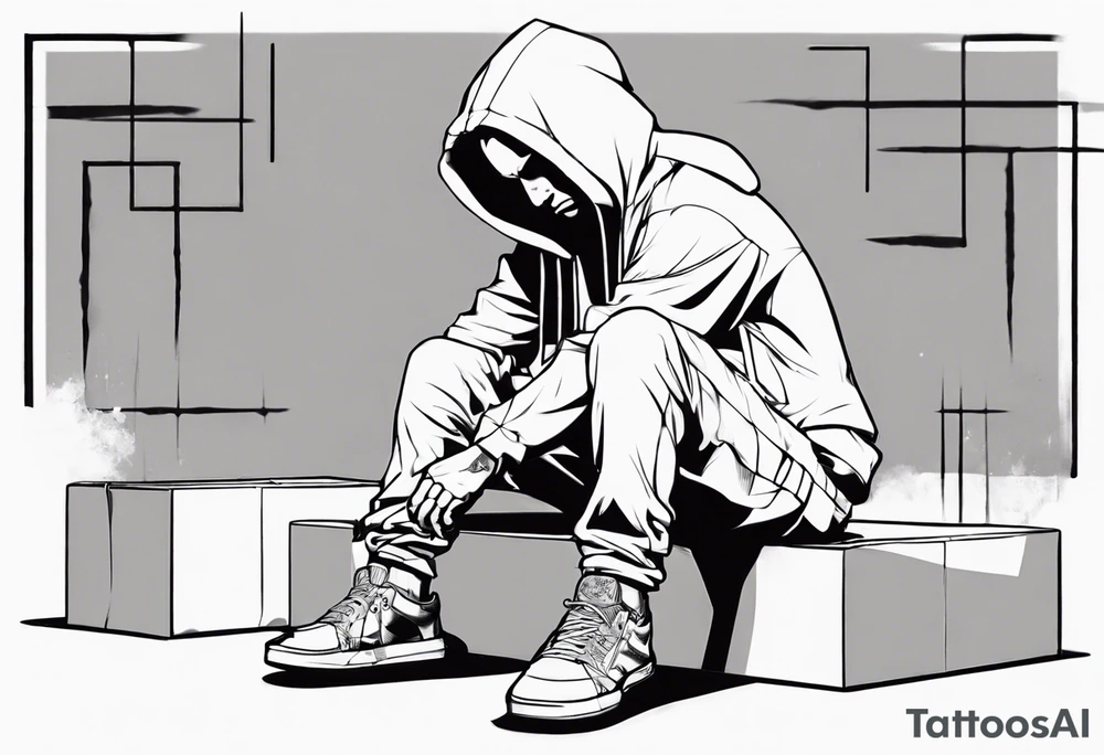 A guy in a hoodie sitting on a box, looking down. tattoo idea A guy in a hoodie sitting on a box, looking down. tattoo idea