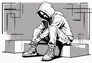 A guy in a hoodie sitting on a box, looking down. tattoo idea