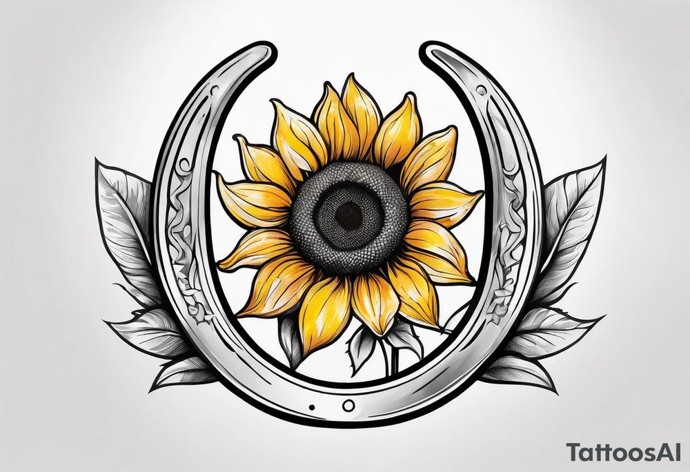 A steel horseshoe with a sunflower in the center tattoo idea