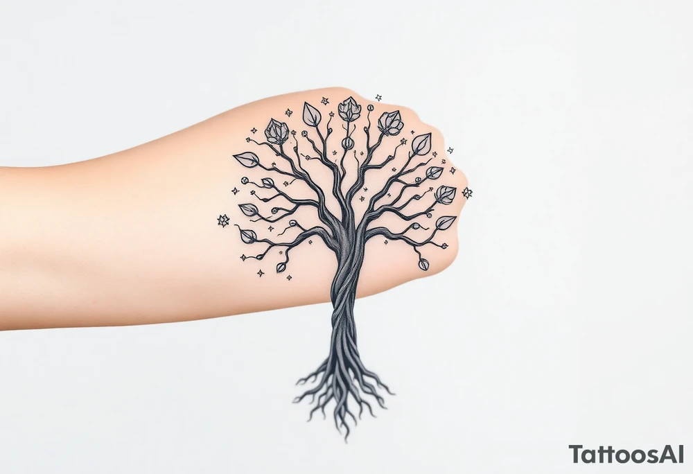 mystical tree of life with cosmic roots and celestial branches with 4 leaf klovers tattoo idea