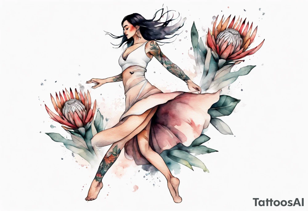 Very feminine tattoo with a woman dancing in a wind of protea flowers tattoo idea